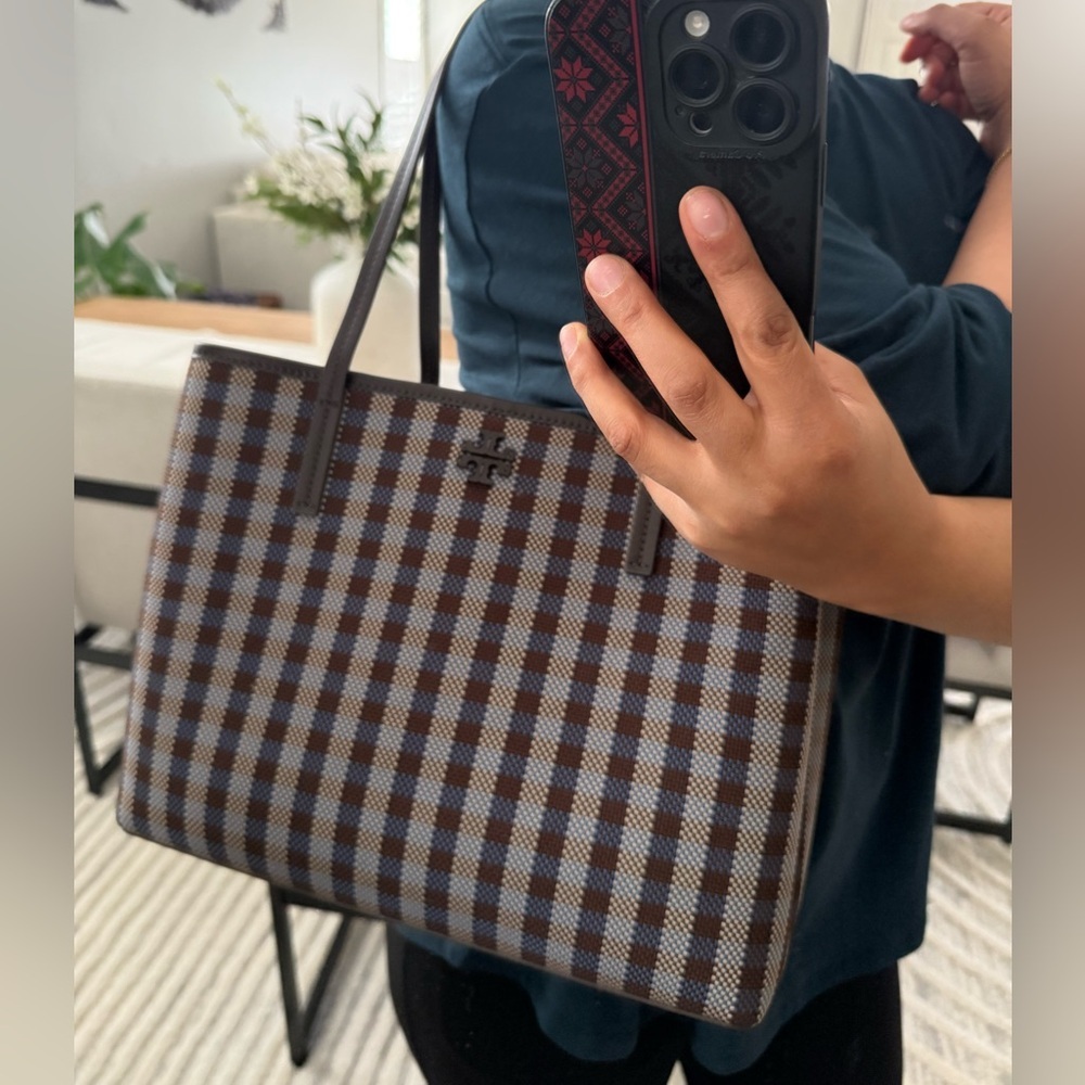 New Tory Burch Blake Plaid Zip Tote Blue Multi Woven Nylon Lightweight